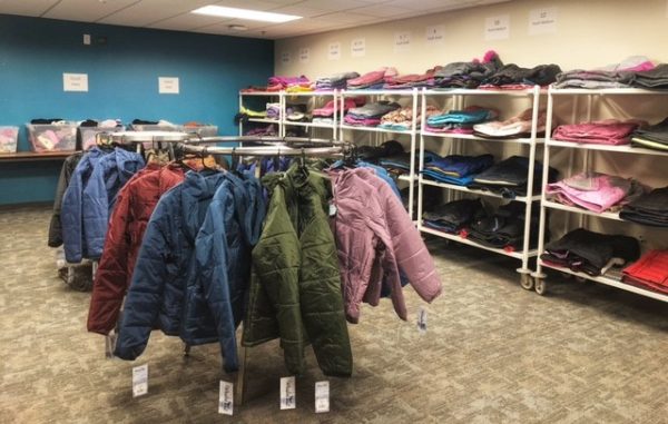 ResourceWest’s Distribution Room set up for Winter Warm Wear Program!
